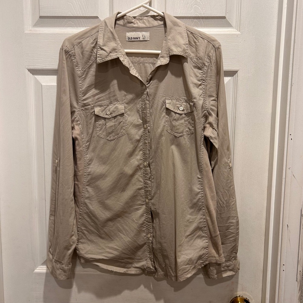 Old Navy Womens Tan Long Sleeve Button Up Shirt‎ Roll Tab Utility Size L